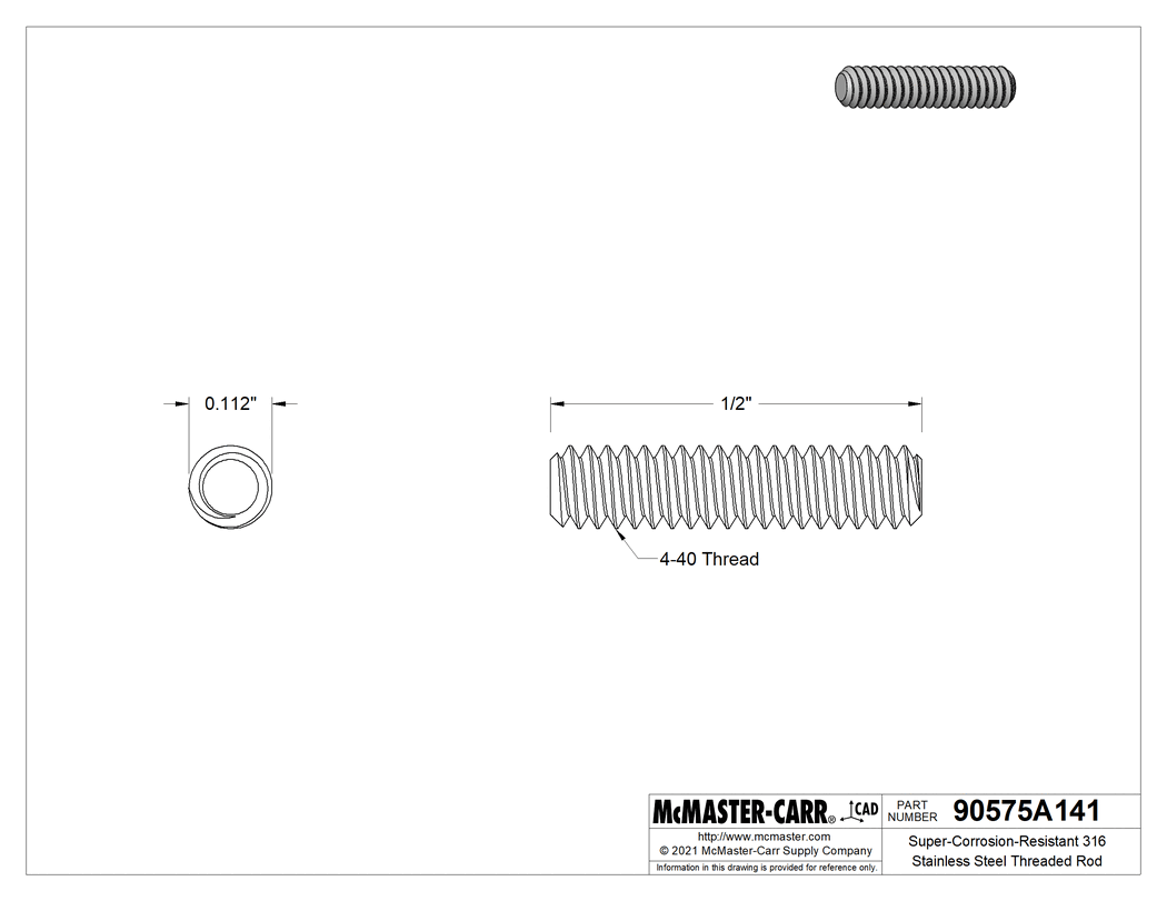 Technical Drawing of Super-Corrosion-Resistant 316 Stainless Steel Threaded Rod, 4-40 Thread Size, 1/2" Long.